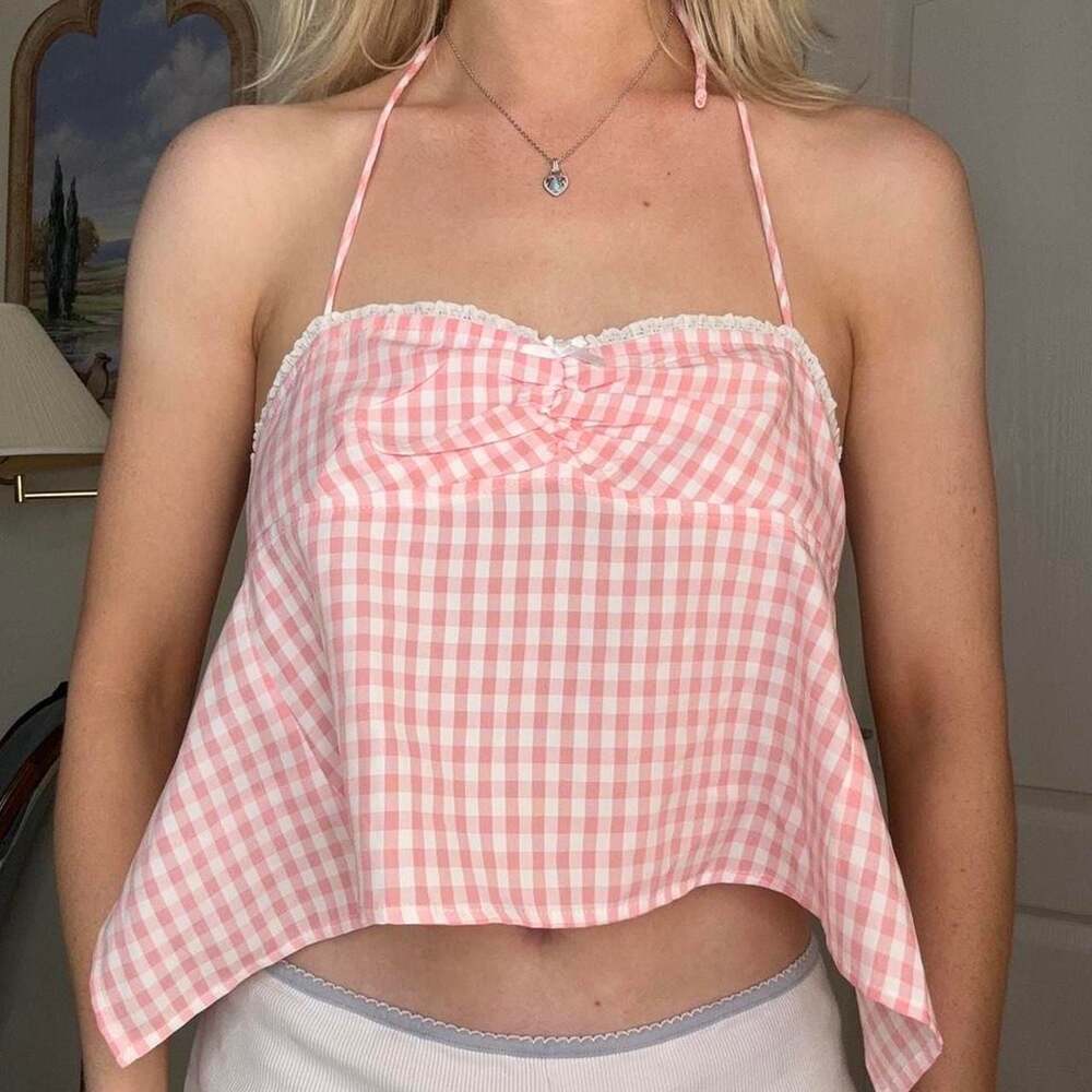 Edikted Pink Gingham Babydoll Halter Crop Top - Picture 4 of 7